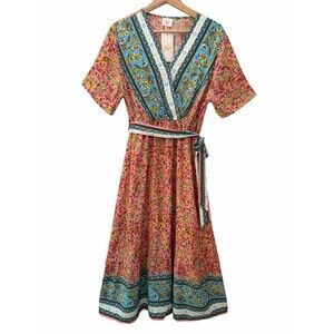 GLM Floral V-Neck Midi Dress Womens Sz XL Pink Blue Rayon Tie Waist Flowy Boho
